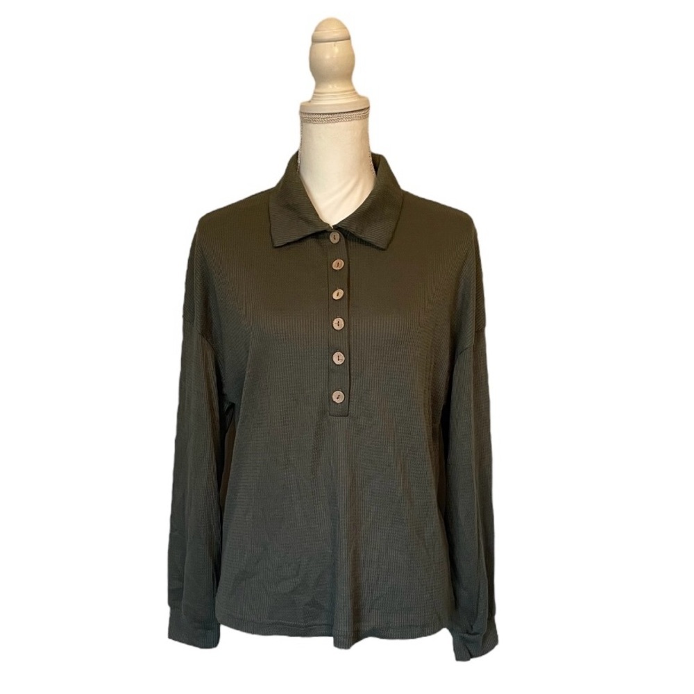SHEIN Olive Green Long Sleeve Button-Up Women's Top Small